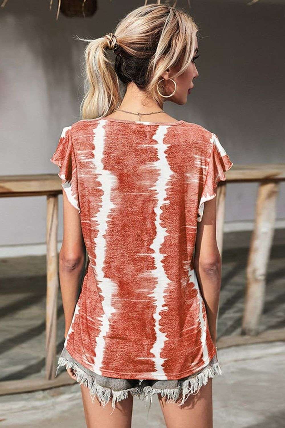 Women’s tie-dye V-neck blouse casual wear back view