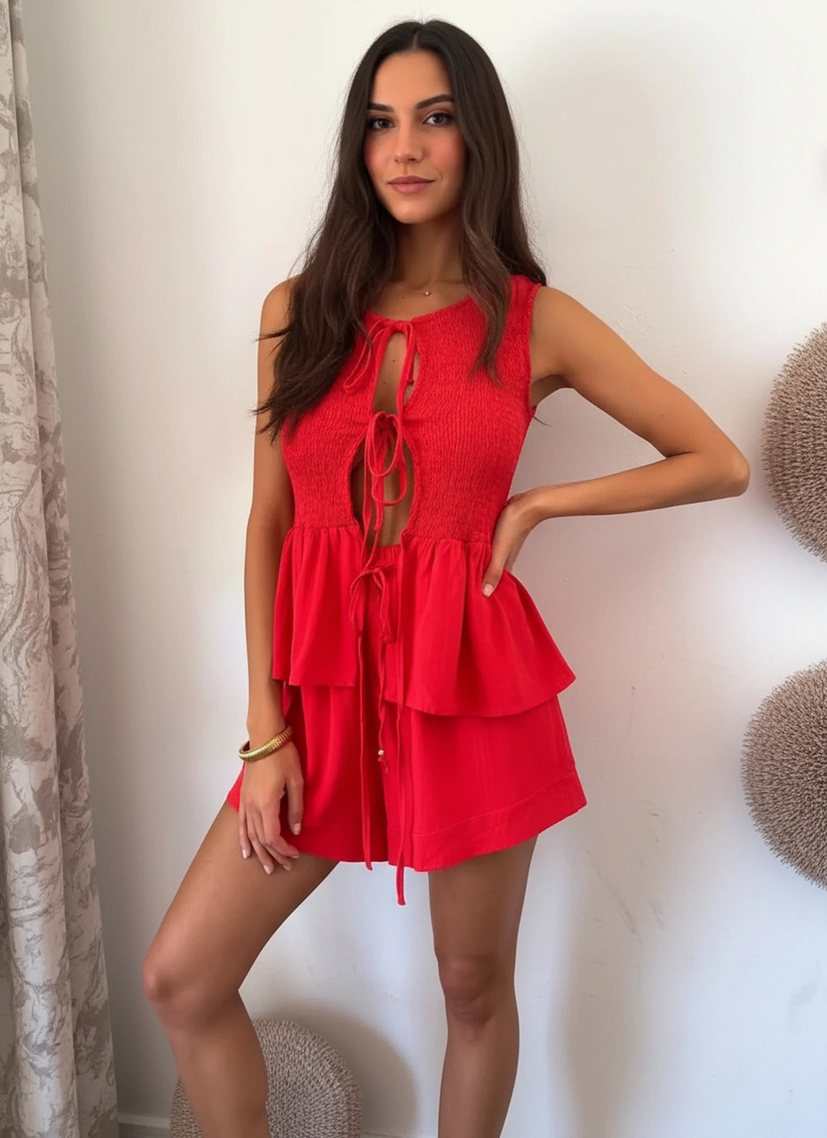 Women’s tie front smocked top and shorts set by WestCloset