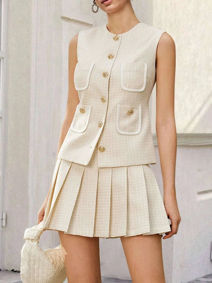 beige tweed dress set Beige Tweed Suit: Women's Elegant Jacket & Skirt Set
