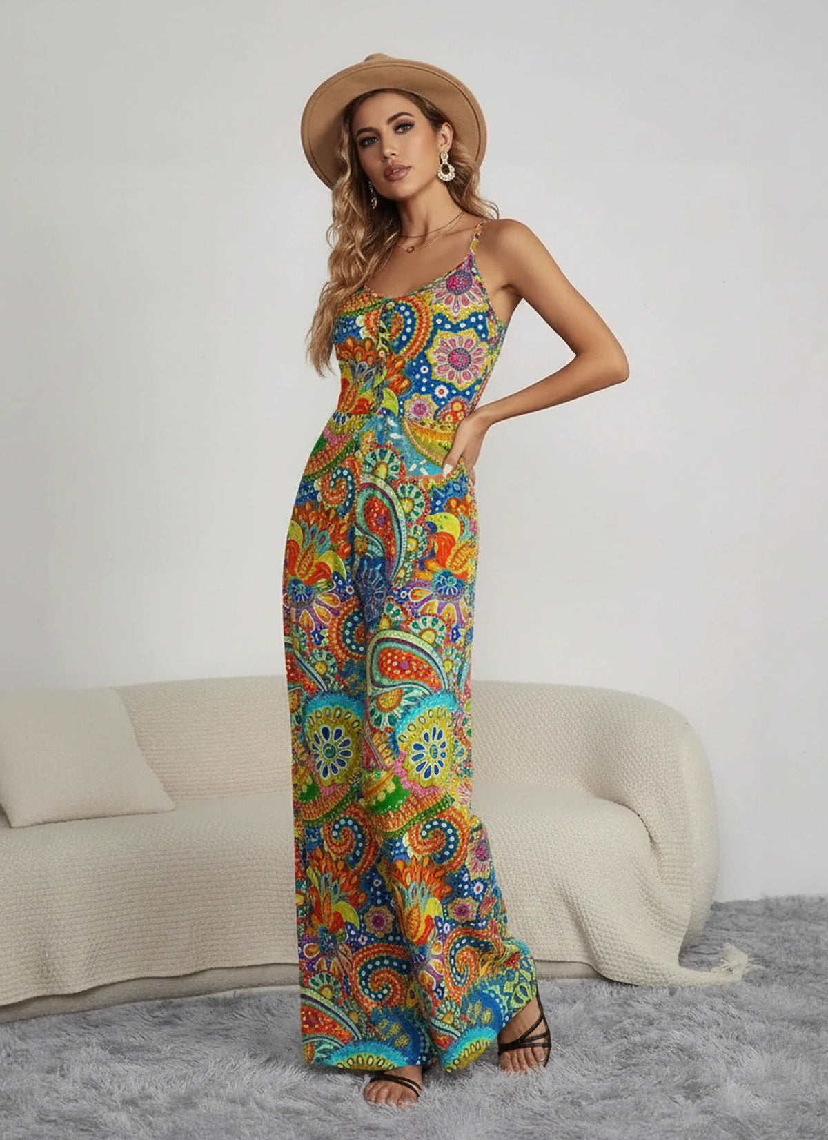 Women’s wide leg jumpsuit with decorative buttons front view