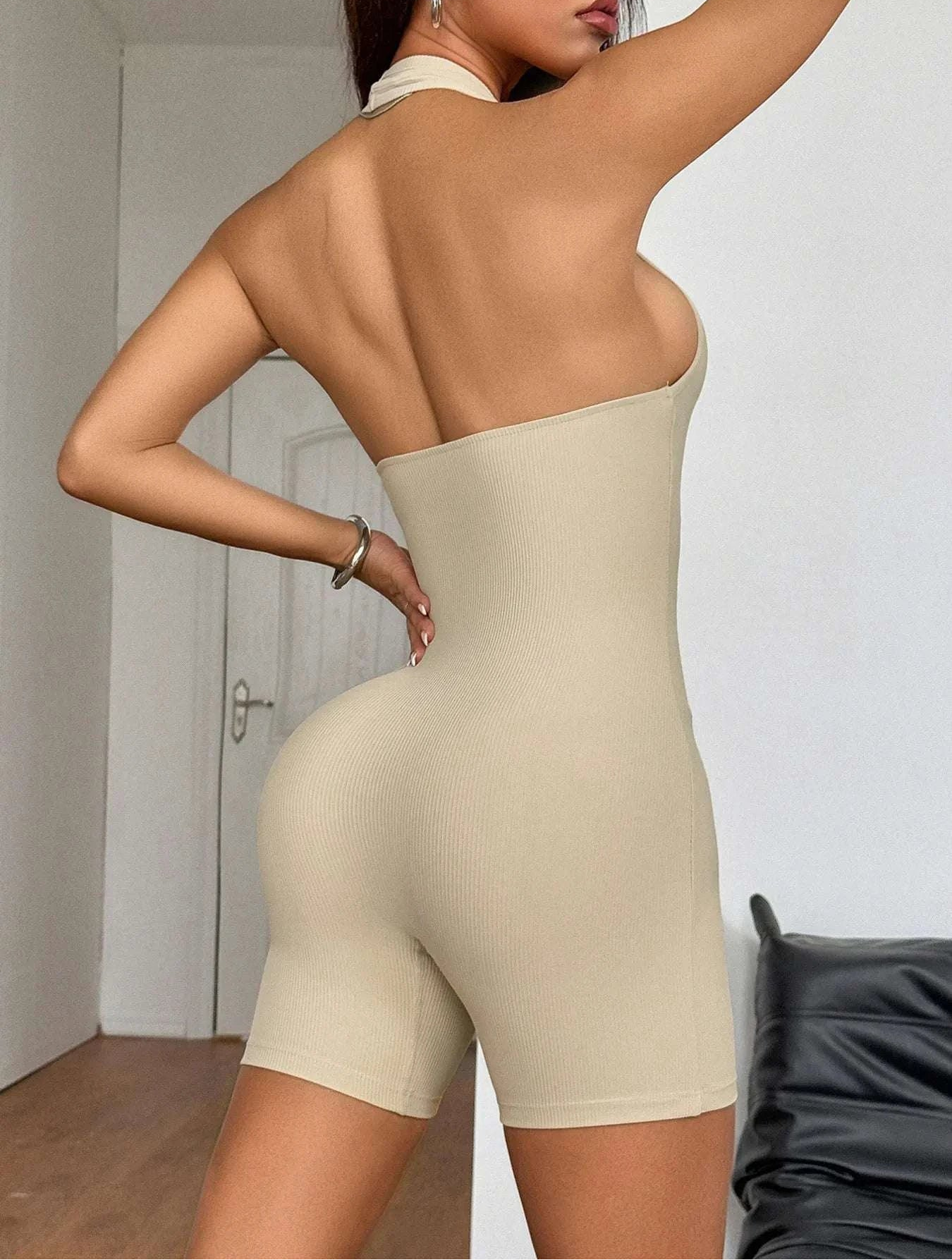 Women’s sporty ribbed romper athleisure look back view