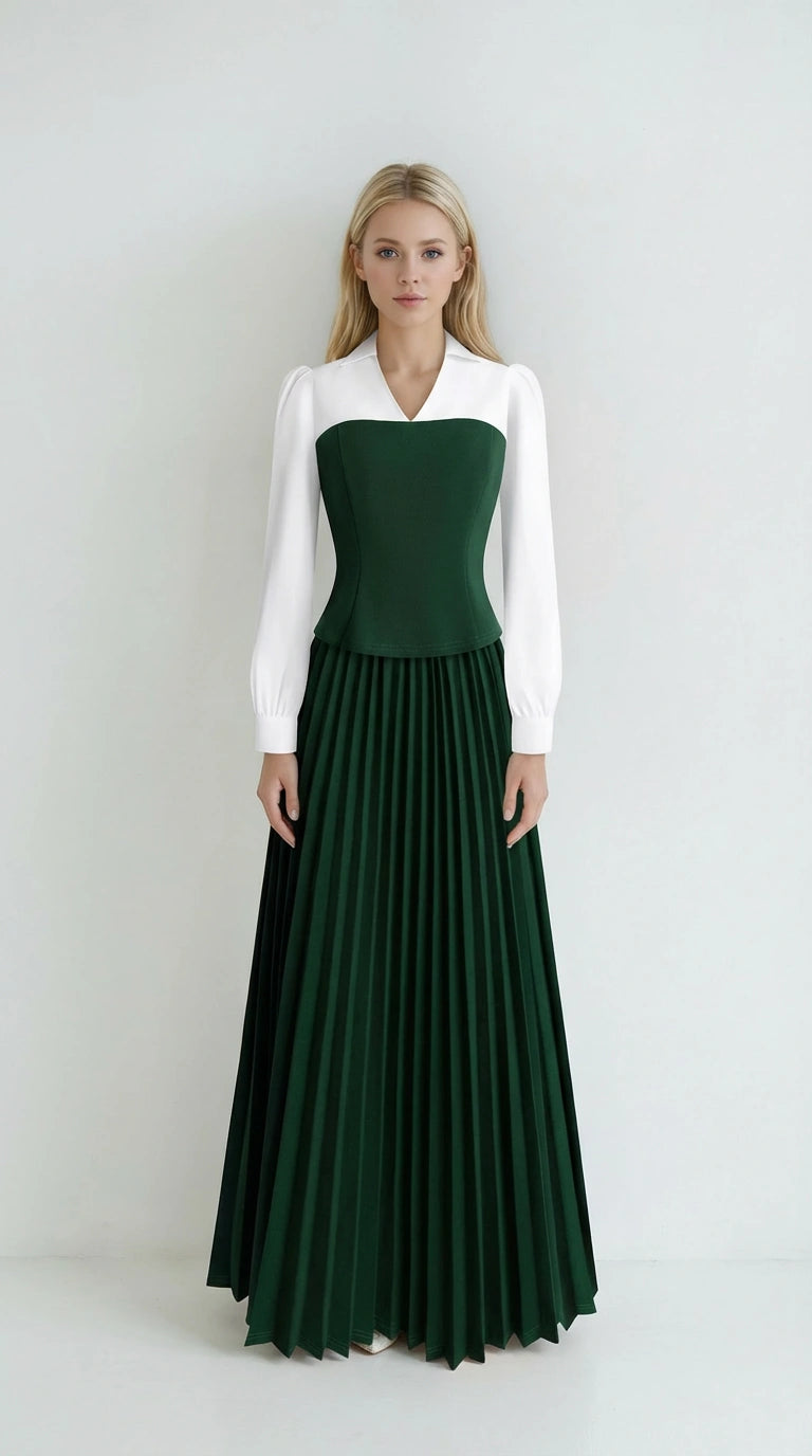 Women two piece outfit with long sleeve top and pleated skirt