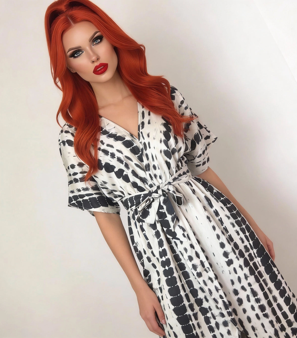 Women wearing black tie-dye wrap dress front angle