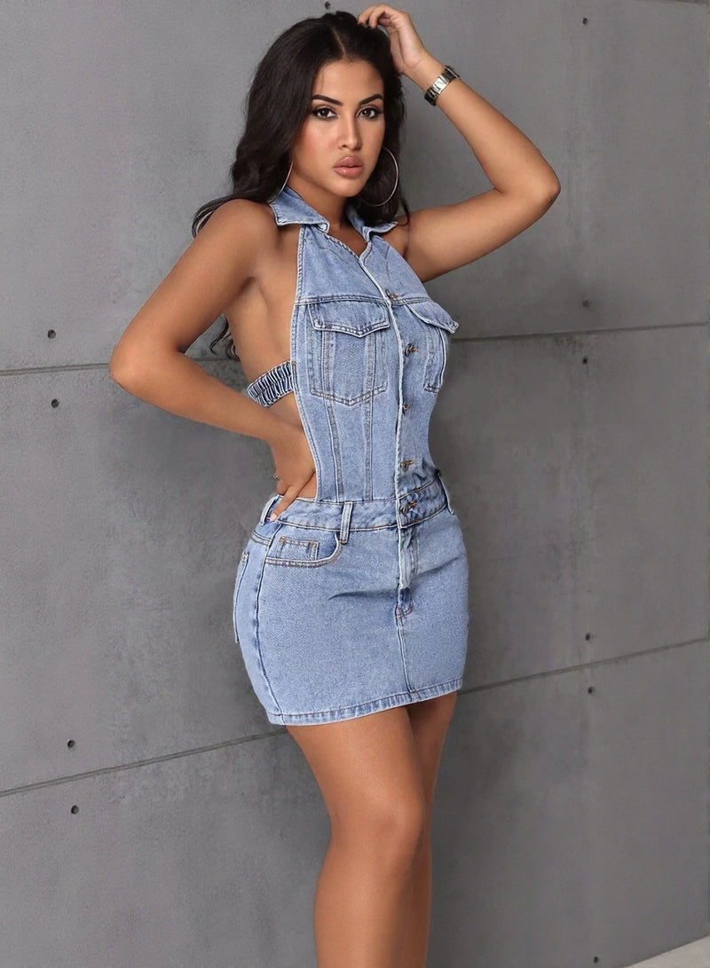 Women wearing blue denim mini dress with button front design