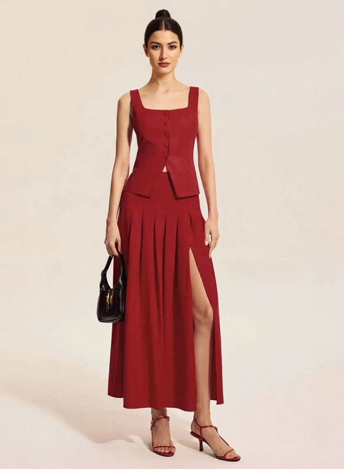 Women wearing burgundy square neck tank and skirt set