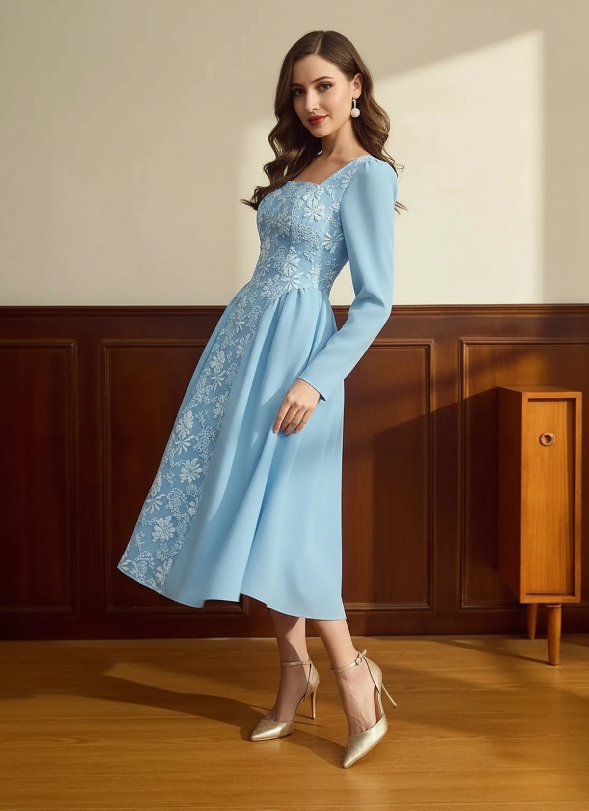Women wearing pastel blue floral long sleeve dress