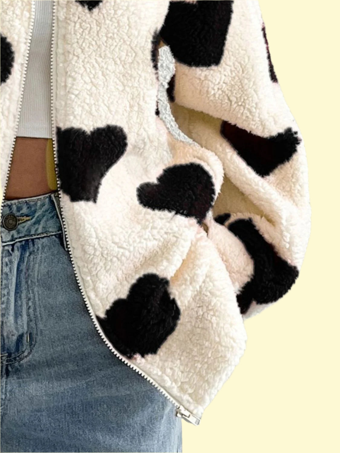 Zip-up furry jacket with drop shoulder design