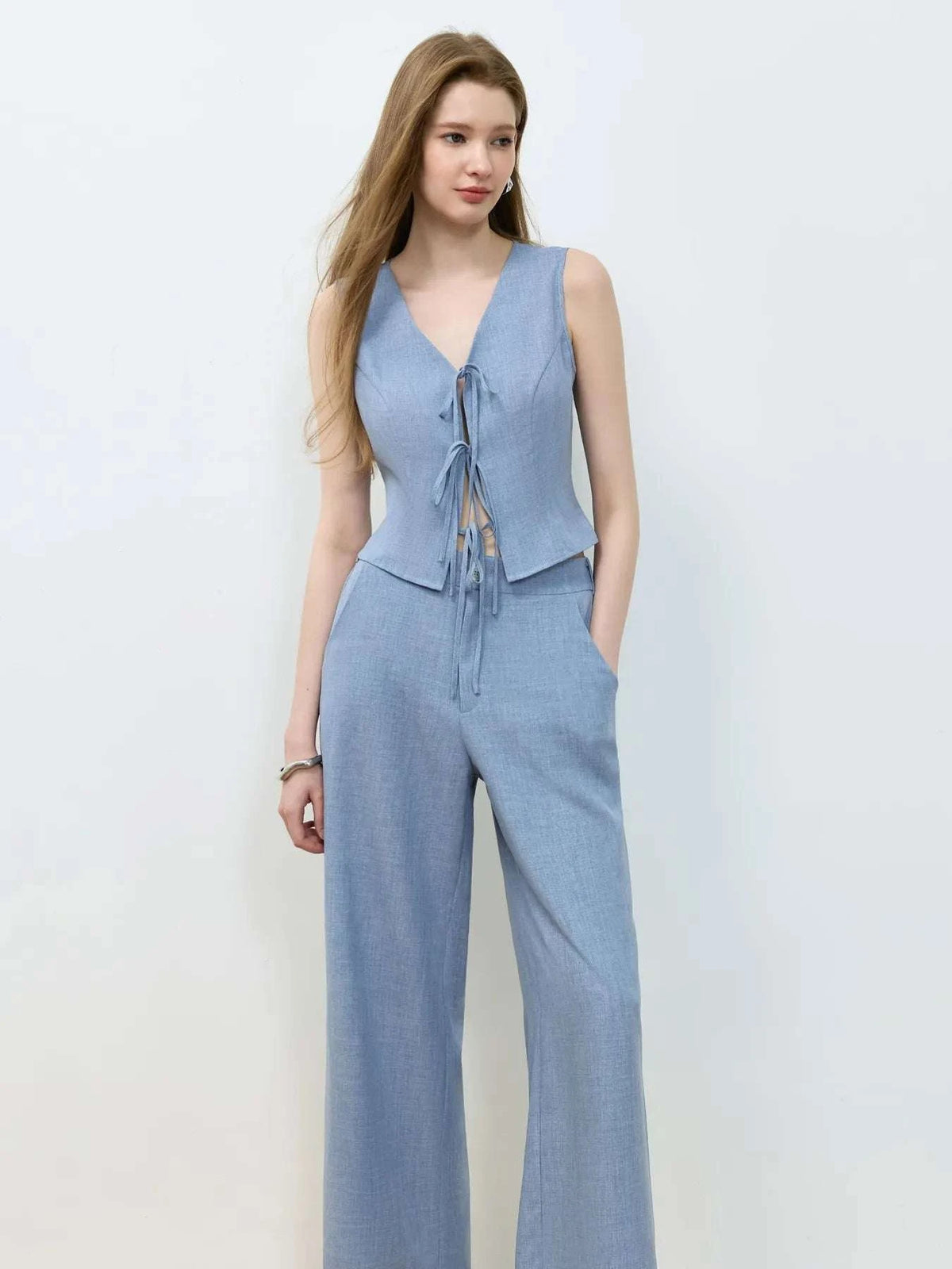 Tie Front Vest and Wide Leg Pants Set WESTCLOSET