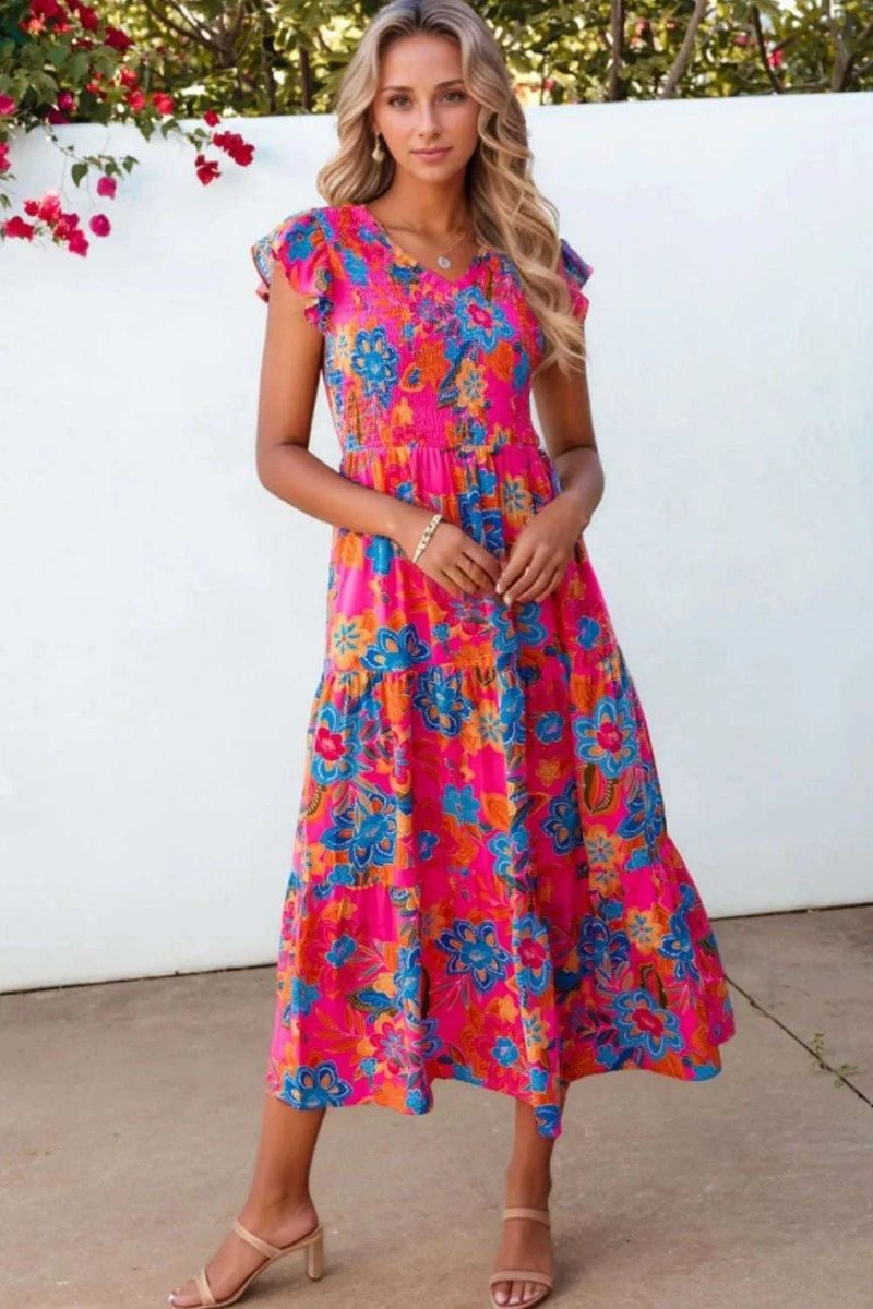 Boho Floral V Neck Ruffle Tiered Dress WESTCLOSET