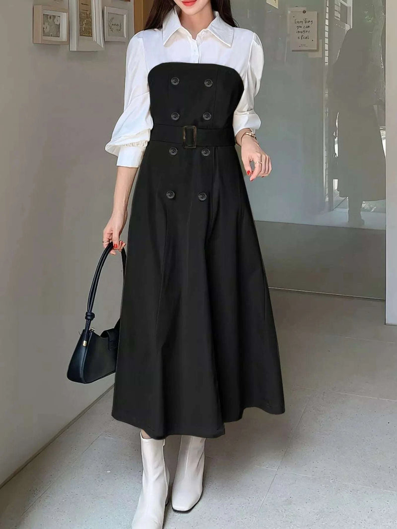 Two Tone Long Sleeve Collared Neck Dress WESTCLOSET