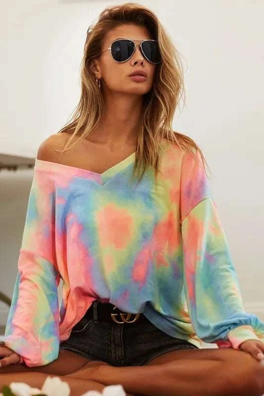 BiBi Tie Dye French Terry V Neck Top WESTCLOSET