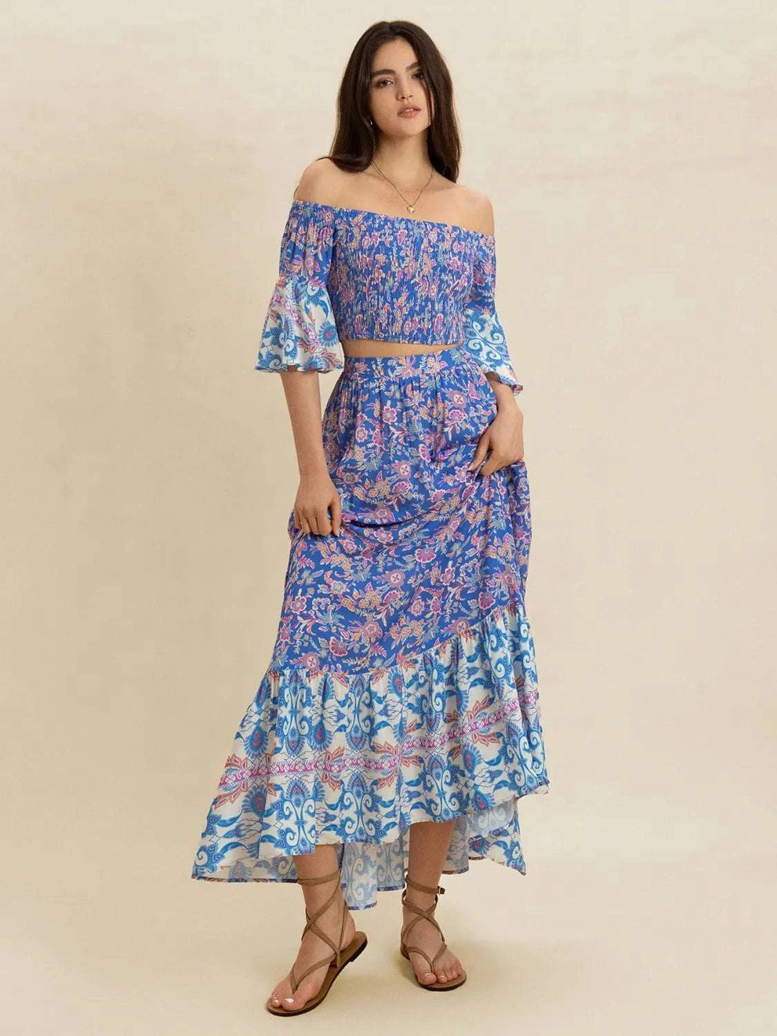 Smocked Off-Shoulder Printed Top and Skirt Set WESTCLOSET