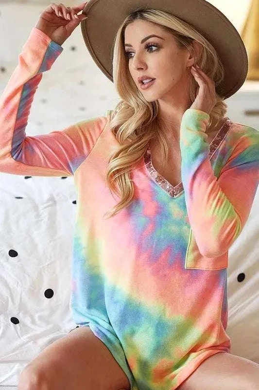 BiBi Tie Dye V-neck Terry Knit Top With Sequins WESTCLOSET