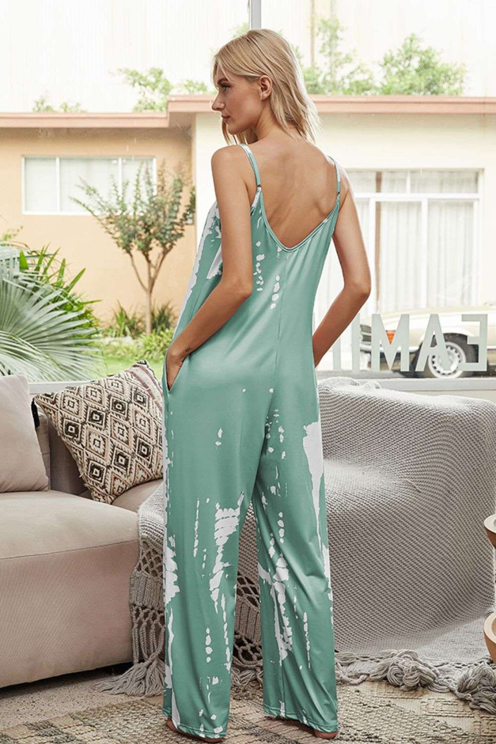 Shiny Tie-Dye Spaghetti Strap Jumpsuit with Pockets WESTCLOSET