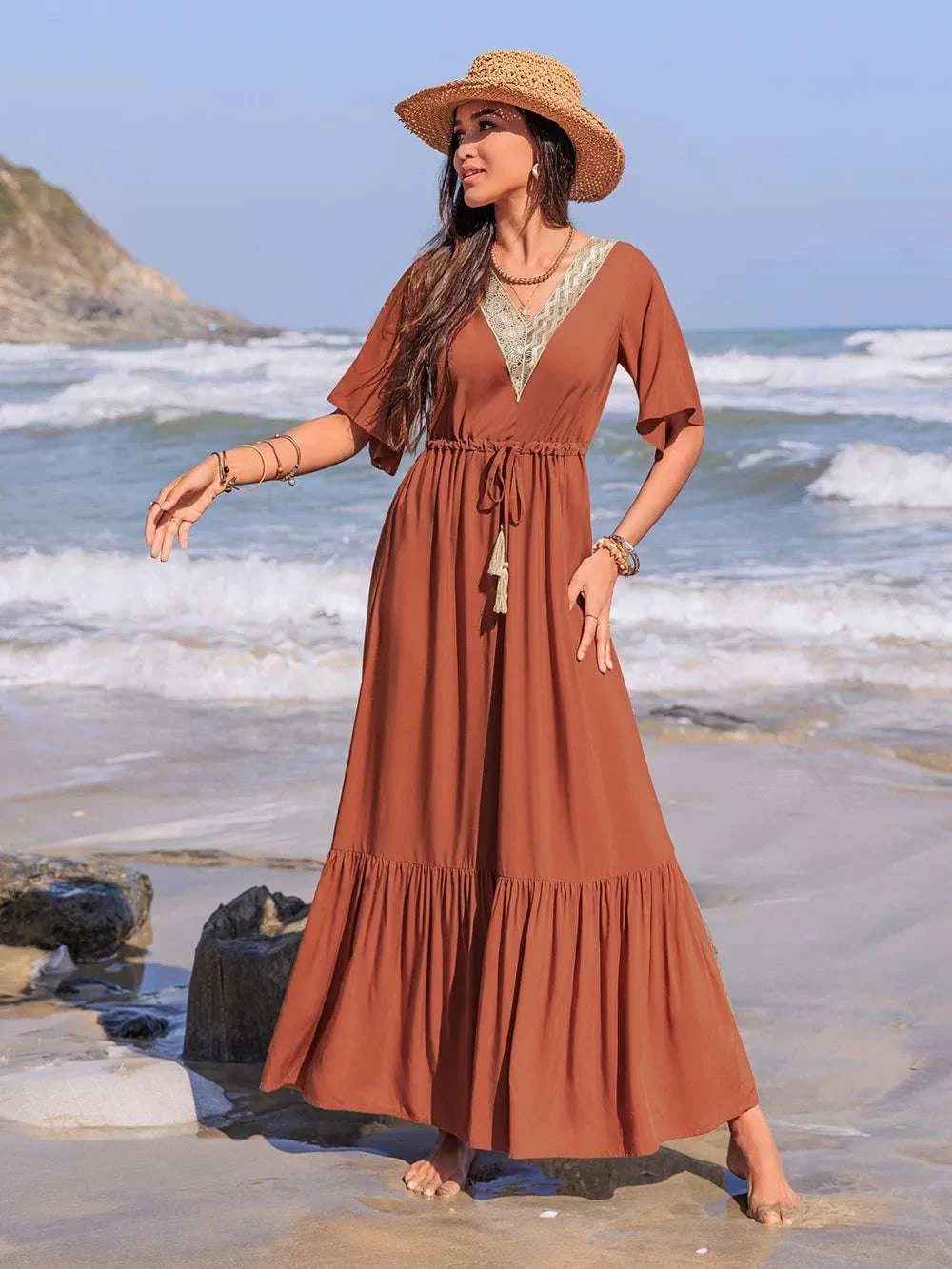 Ruffled Tassel V-Neck Flutter Sleeve Dress WESTCLOSET