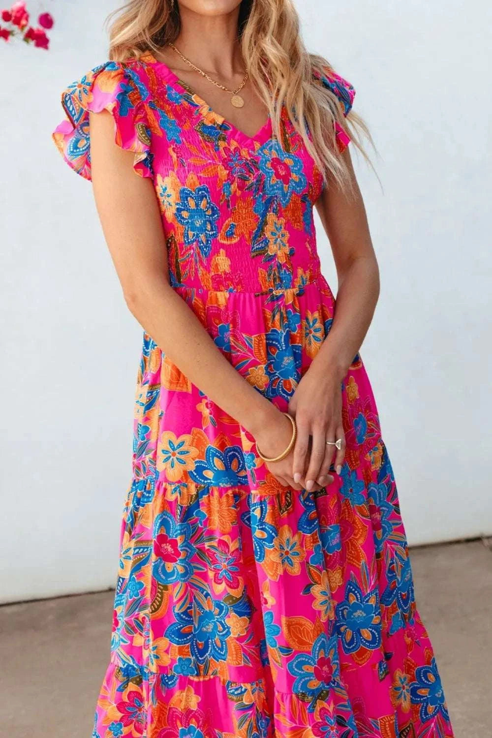 Boho Floral V Neck Ruffle Tiered Dress WESTCLOSET