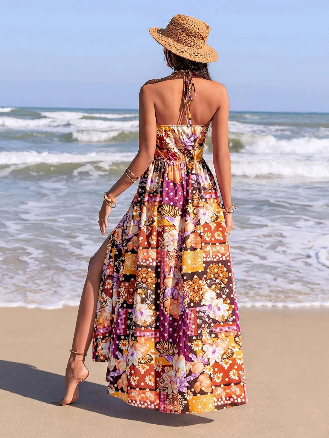 Slit Printed Halter Neck Cami Dress WESTCLOSET