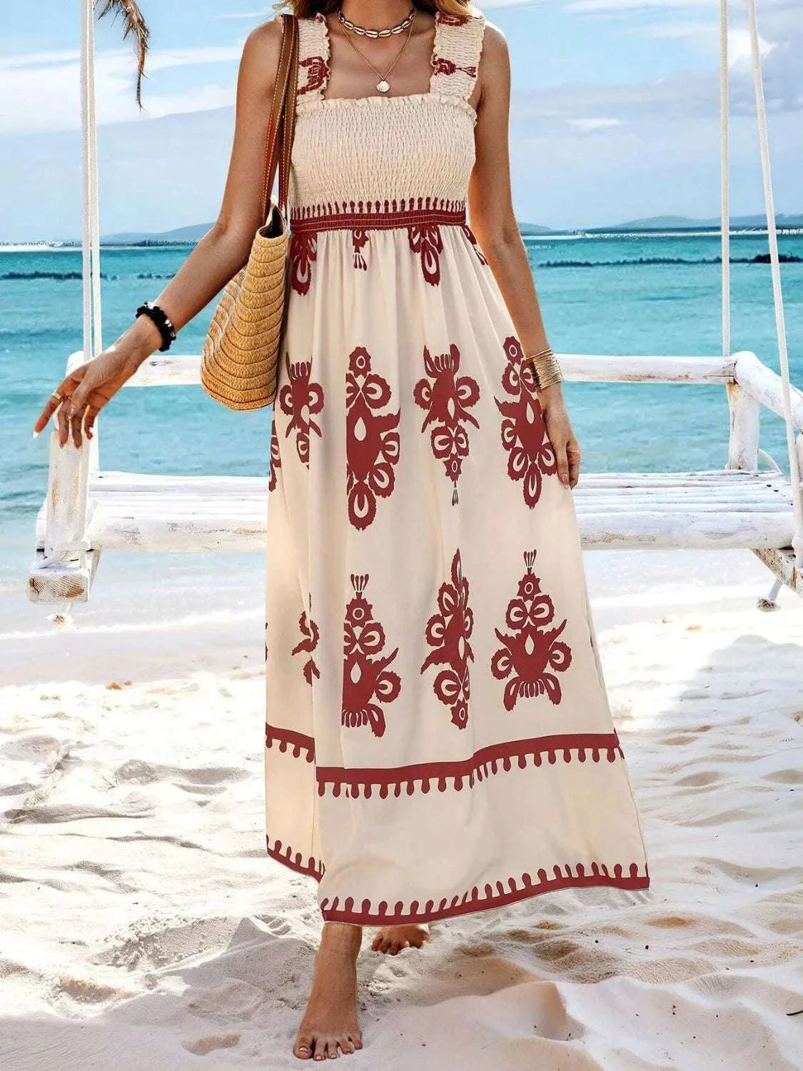 Smocked Printed Wide Strap Maxi Dress WESTCLOSET
