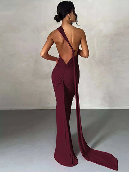 Backless One-Shoulder Ruched Bodycon Maxi Dress WESTCLOSET