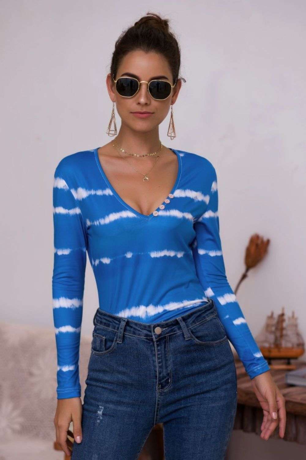 Tie-Dye Plunge Long Sleeve Top WESTCLOSET