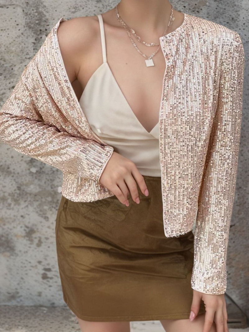 WestCloset Full Size Sequin Open Front Cropped Jacket 