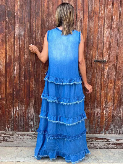 Raw Hem Layered Denim Maxi Dress WESTCLOSET