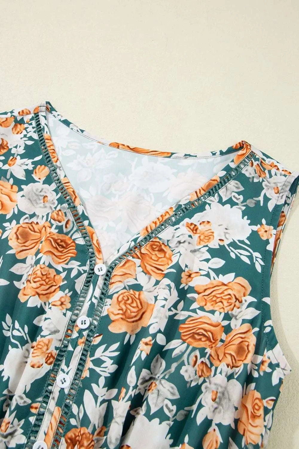 Floral Print Trimmed V Neck Tie Waist Sleeveless Dress WESTCLOSET