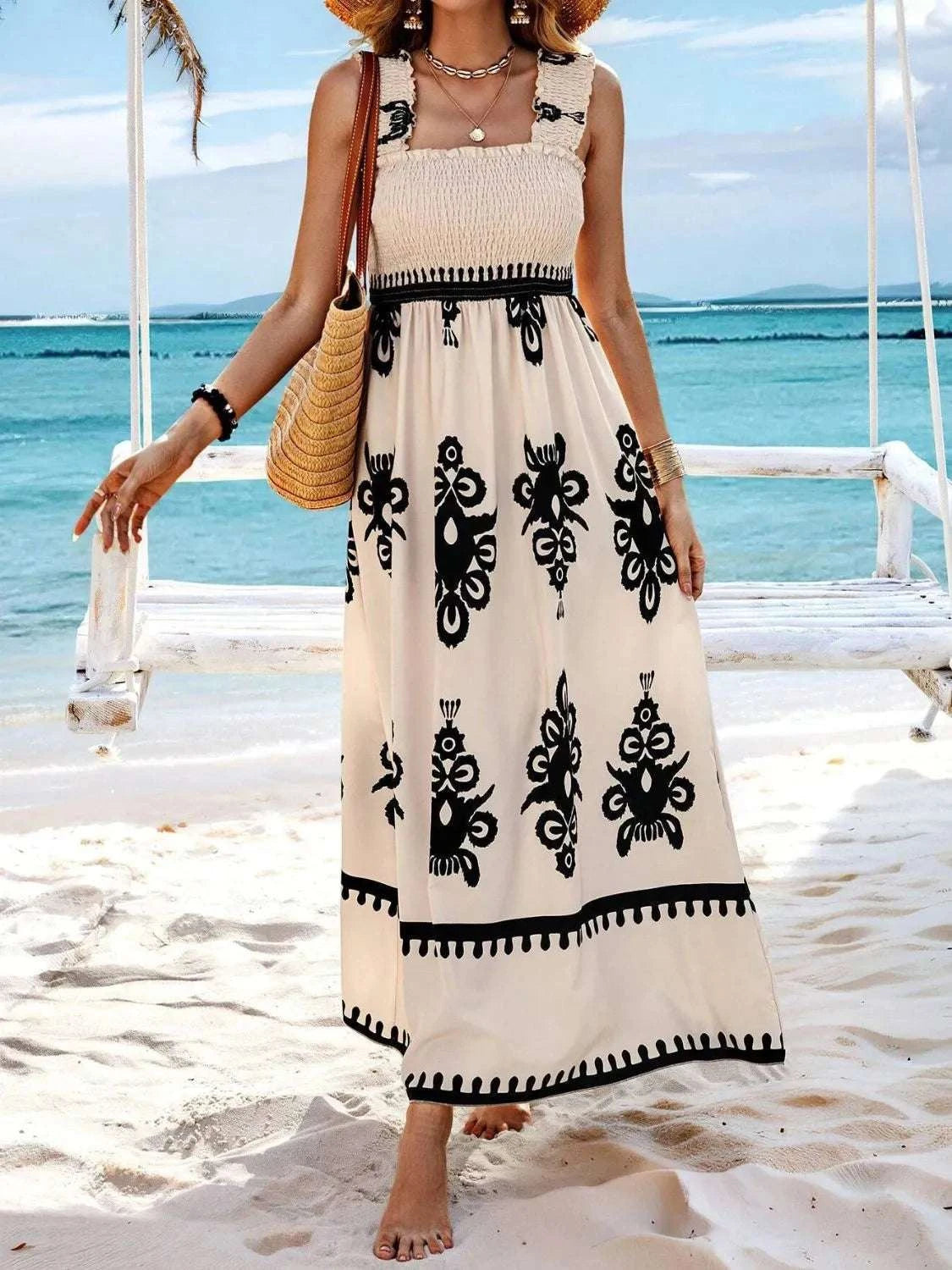 Smocked Printed Wide Strap Maxi Dress WESTCLOSET