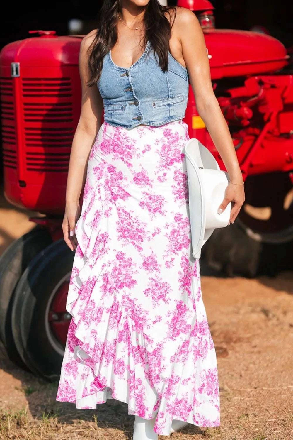 Boho Floral High Waist Ruffle Split Maxi Skirt WESTCLOSET