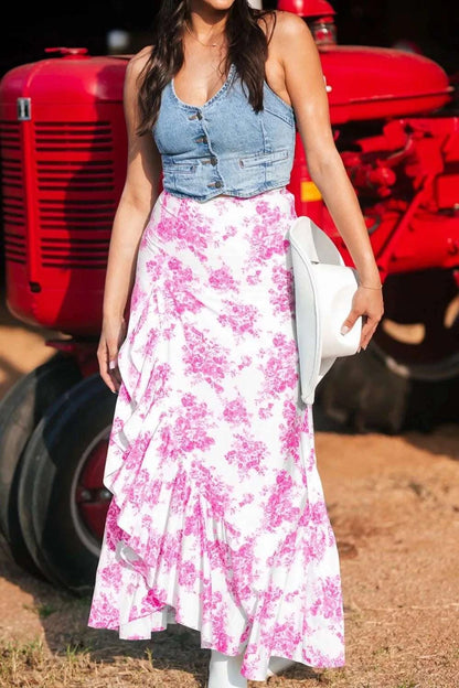 Boho Floral High Waist Ruffle Split Maxi Skirt WESTCLOSET