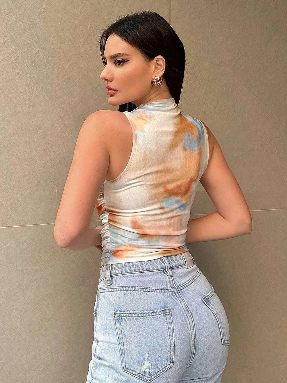 Printed Mock Neck Ruched Tank WESTCLOSET