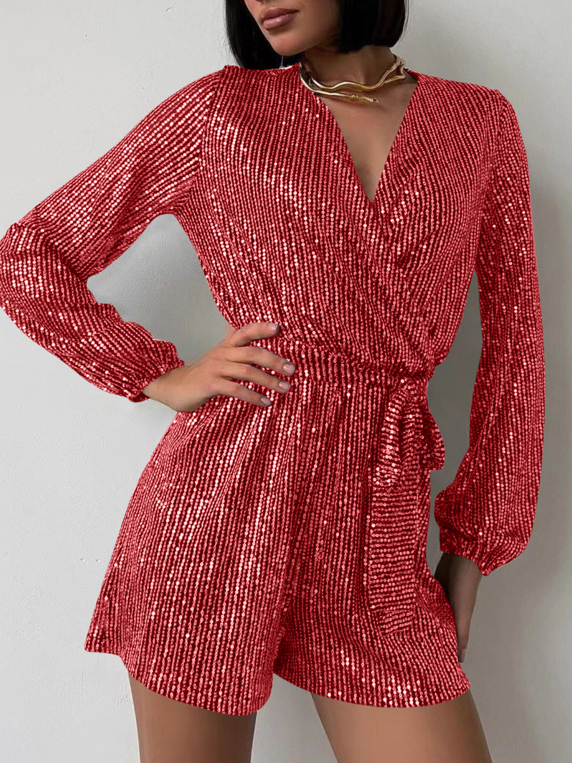 WestCloset Full Size Sequin Surplice Tie Waist Long Sleeve Romper 