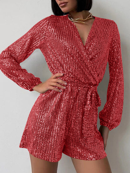WestCloset Full Size Sequin Surplice Tie Waist Long Sleeve Romper 