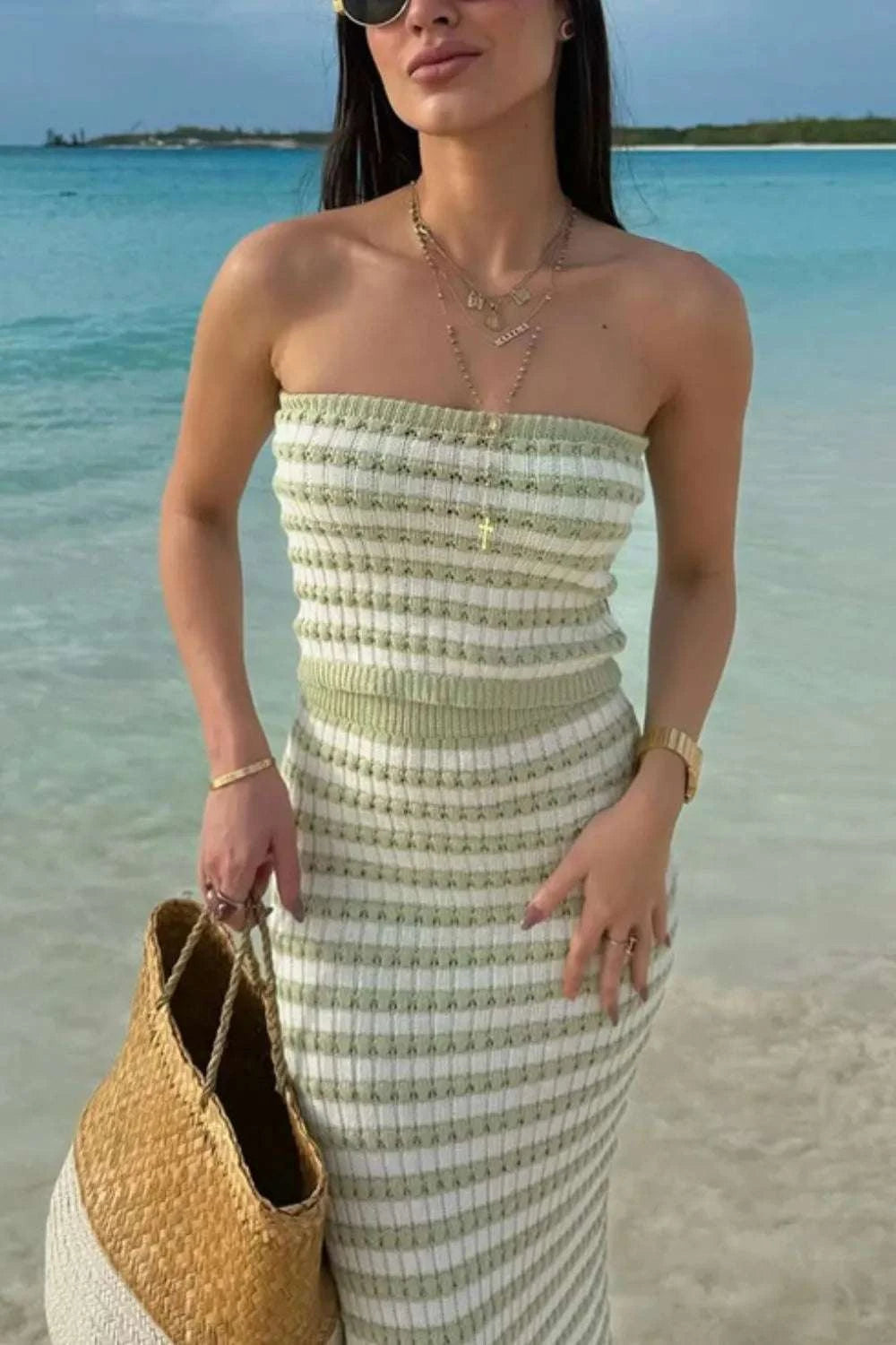 Contrast Striped Tube Top and Skirt Sweater Set WESTCLOSET