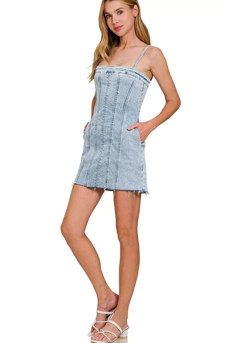 Zenana Spaghetti Strap Exposed Seam Light-Wash Dress WESTCLOSET