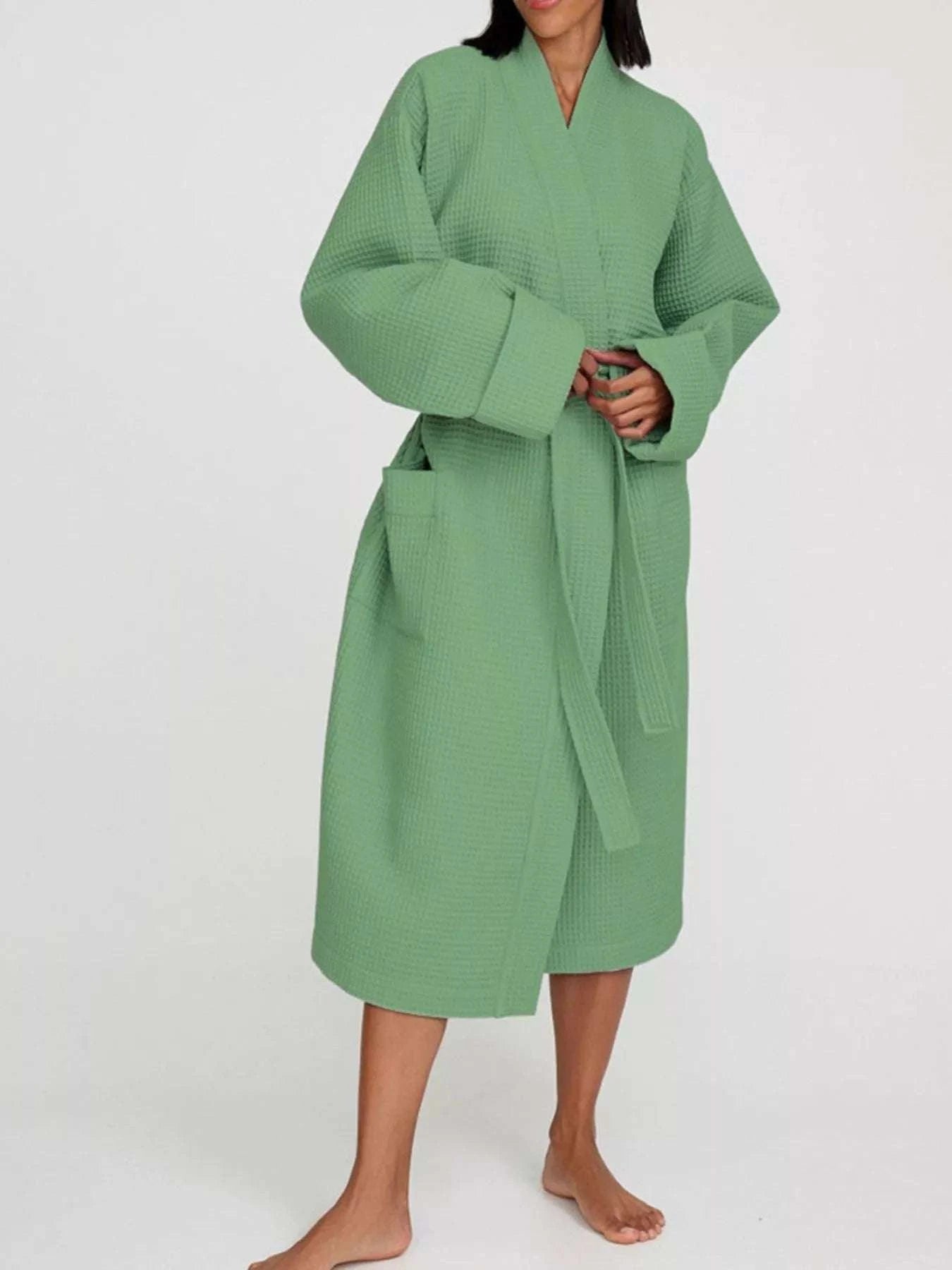 Waffle Knit Tie Waist Lounge Nightgown WESTCLOSET