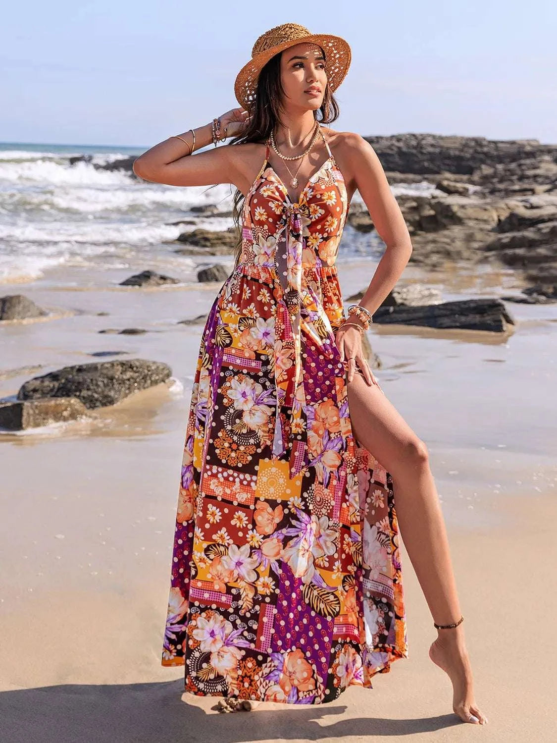 Slit Printed Halter Neck Cami Dress WESTCLOSET