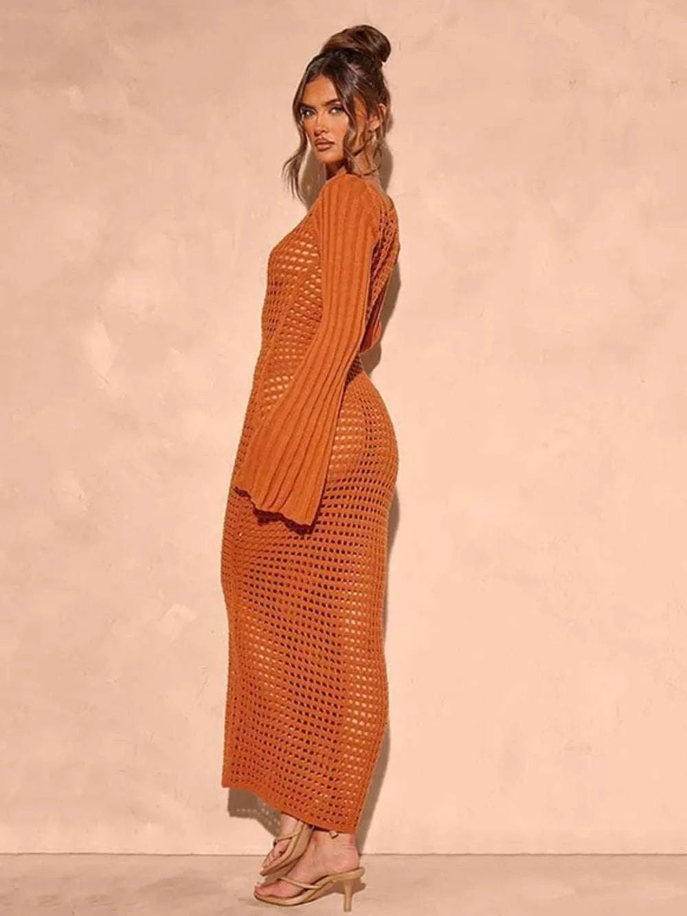 Openwork Square Neck Flare Sleeve Cover-Up Dress WESTCLOSET