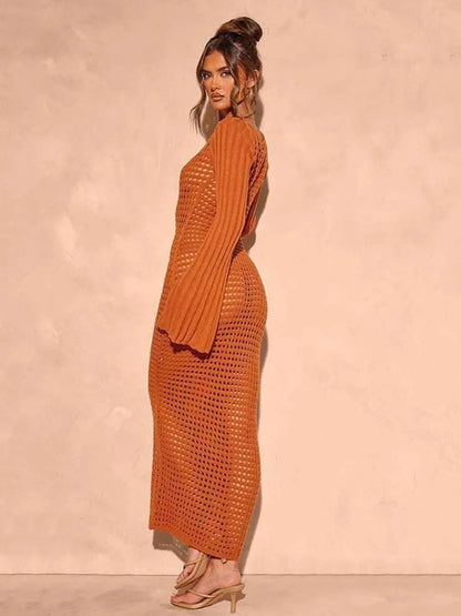 Openwork Square Neck Flare Sleeve Cover-Up Dress WESTCLOSET