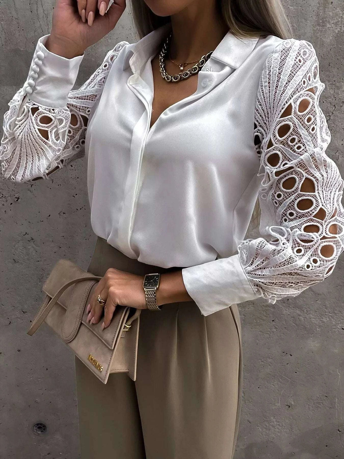 Lace Sleeve Collared Neck Blouse WESTCLOSET