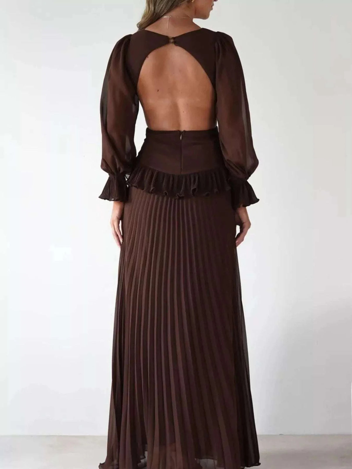 Backless Pleated Long Sleeve Maxi Dress WESTCLOSET