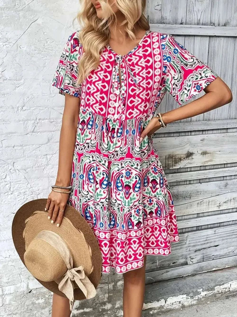 Printed Tie Neck Short Sleeve Dress WESTCLOSET