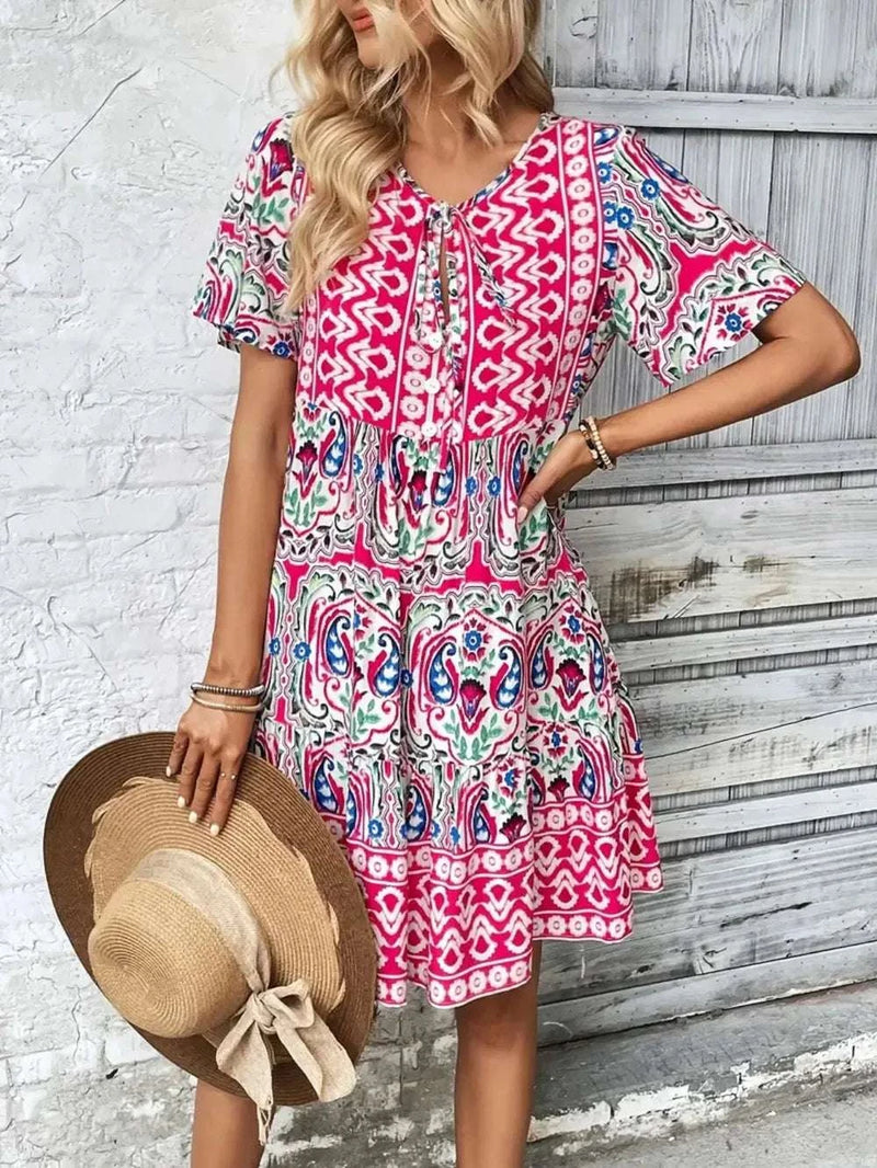 Printed Tie Neck Short Sleeve Dress WESTCLOSET