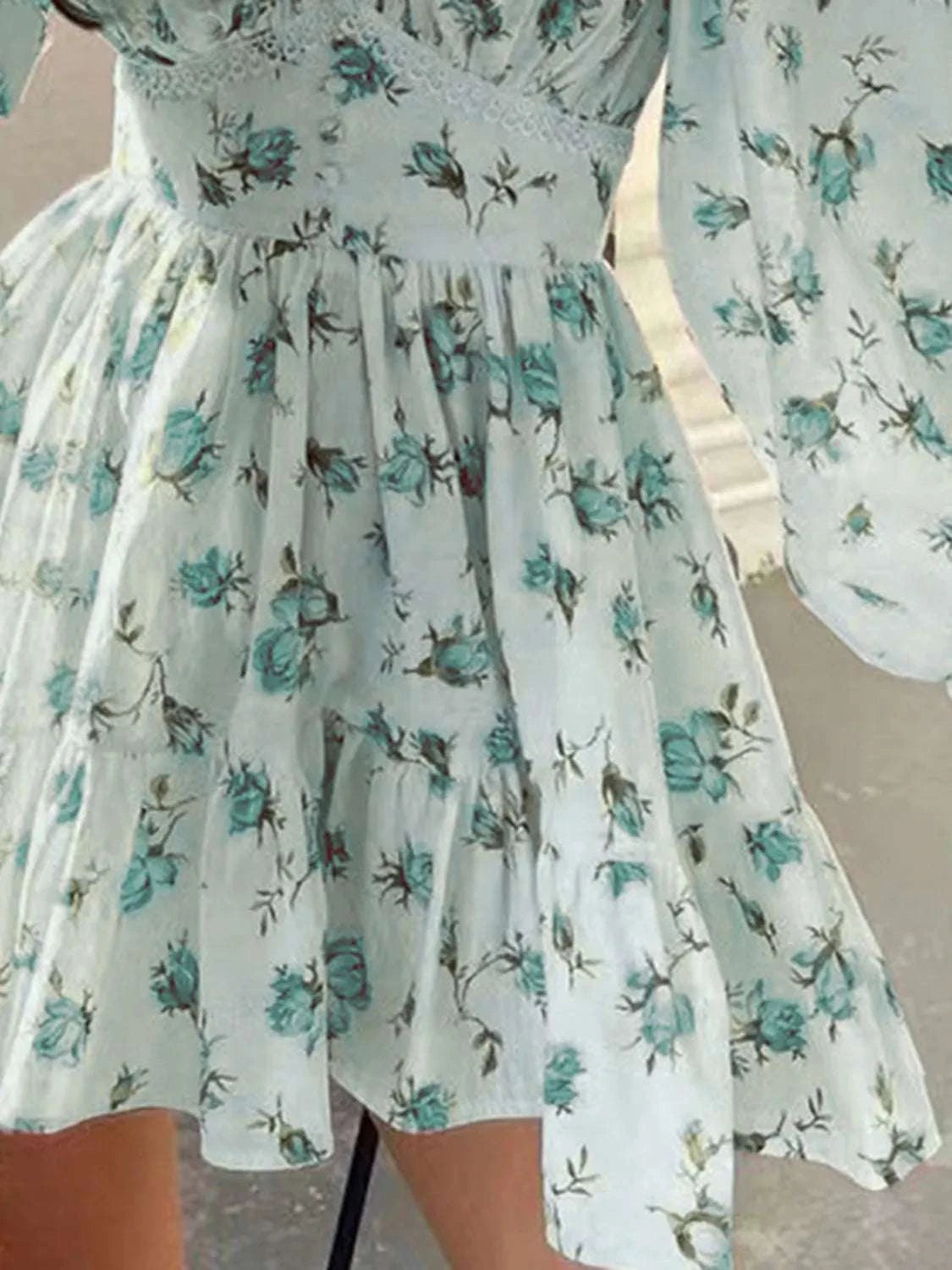 Lace Detail V-Neck Balloon Sleeve Dress WESTCLOSET