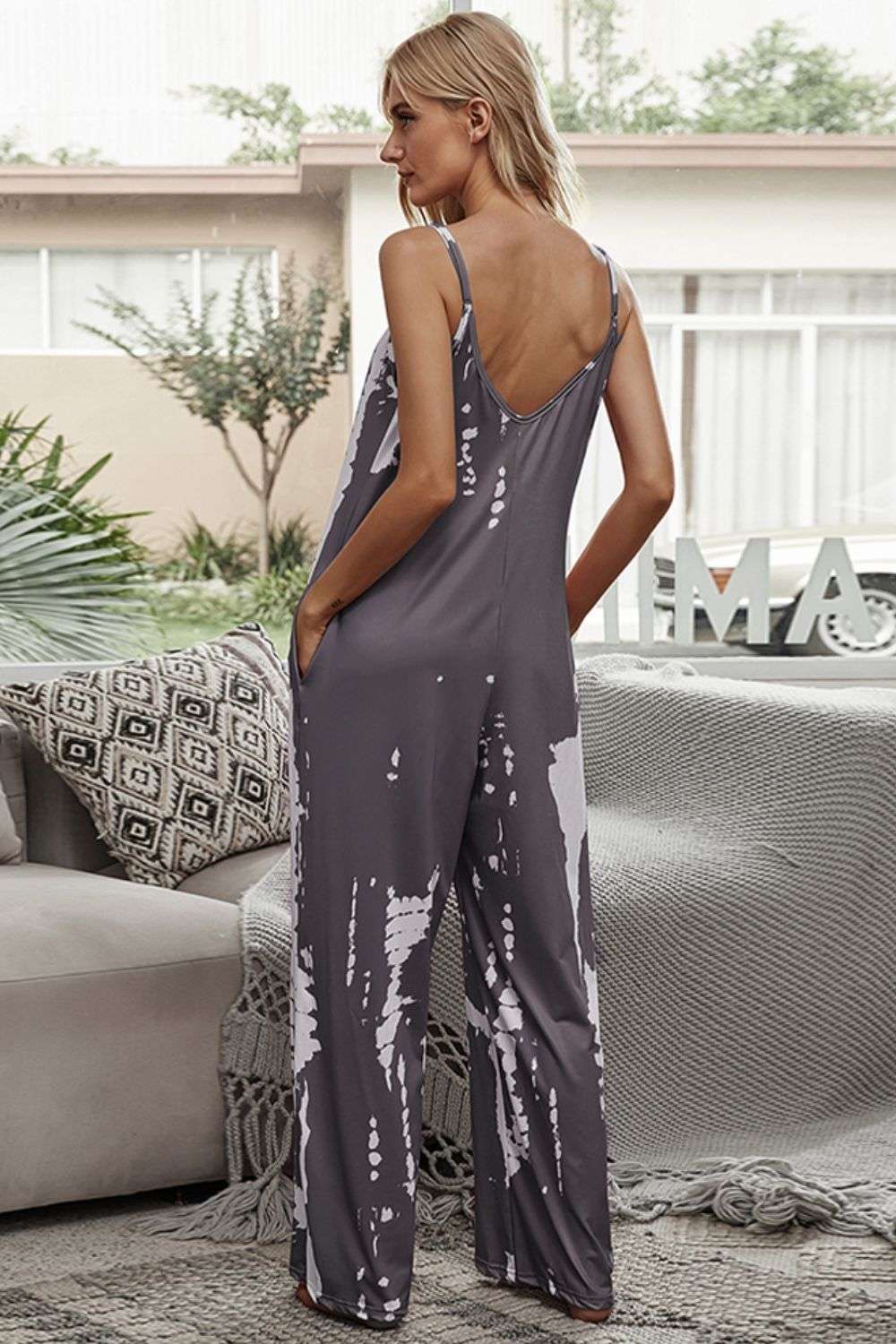 Shiny Tie-Dye Spaghetti Strap Jumpsuit with Pockets WESTCLOSET