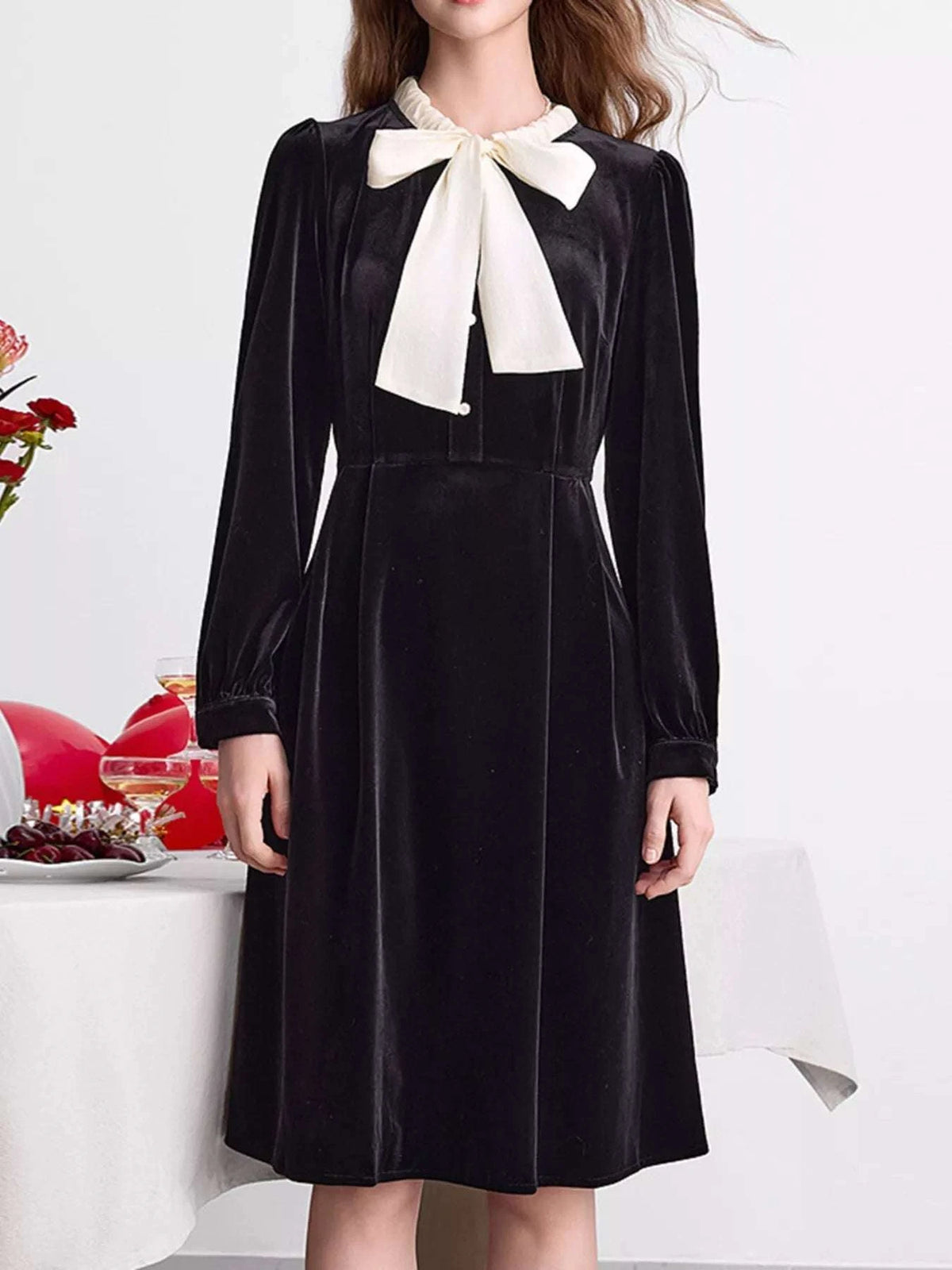 Velvet Bowknot Long Sleeve A-Line Dress WESTCLOSET