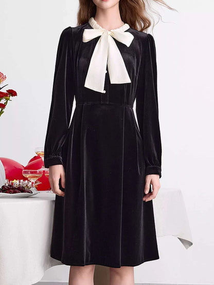 Velvet Bowknot Long Sleeve A-Line Dress WESTCLOSET