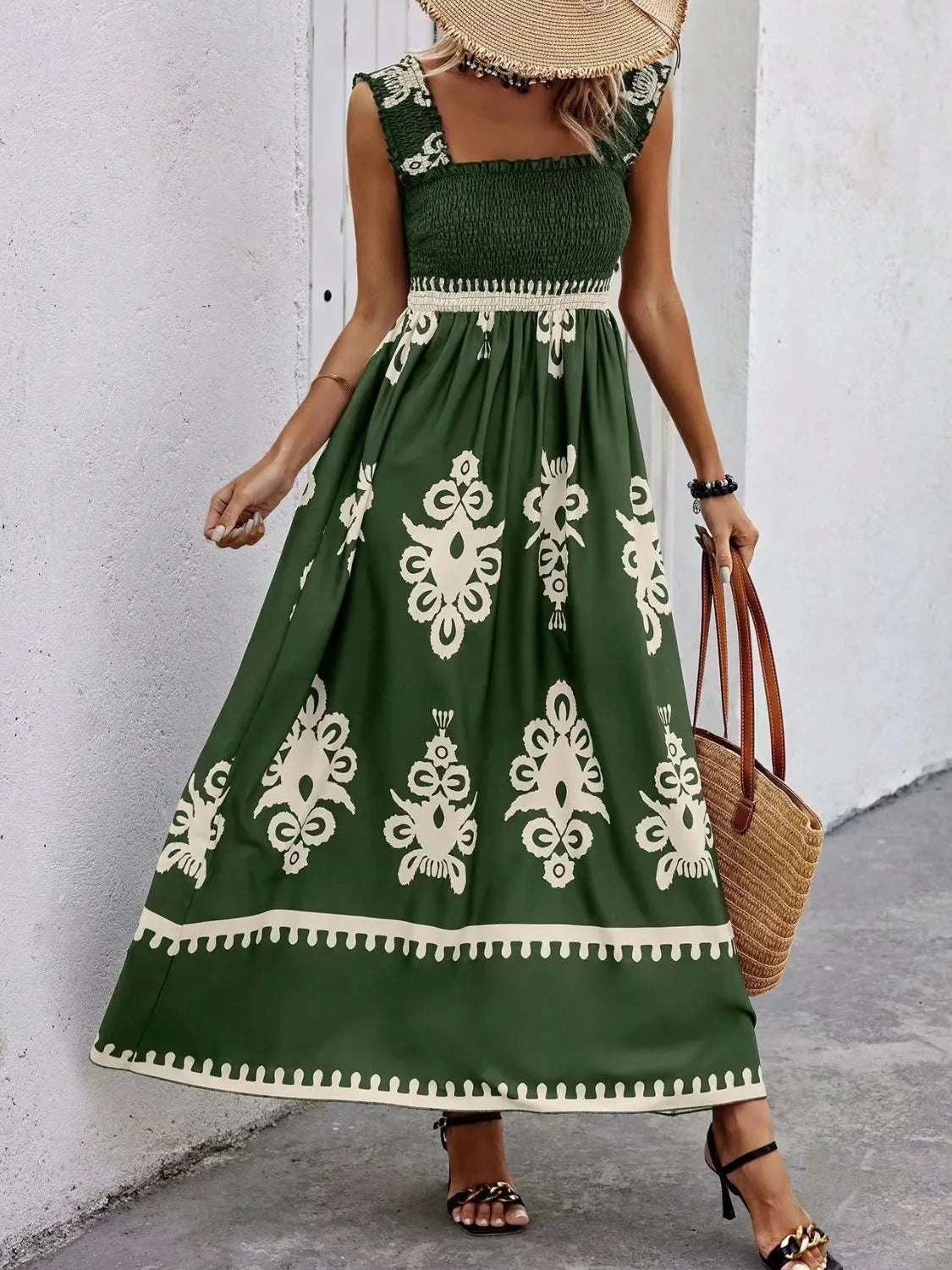 Smocked Printed Wide Strap Maxi Dress WESTCLOSET