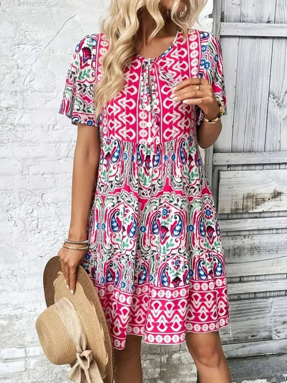 Printed Tie Neck Short Sleeve Dress WESTCLOSET