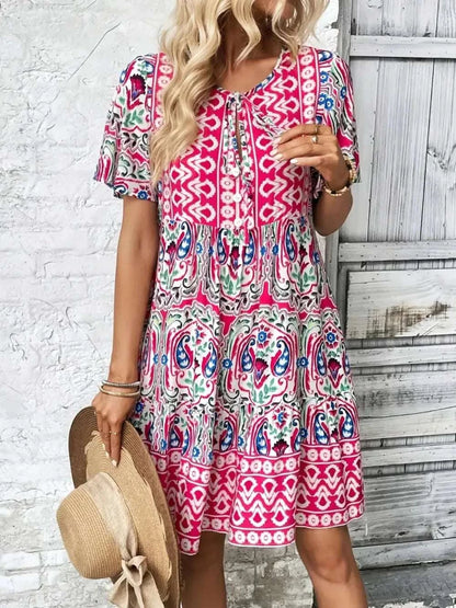 Printed Tie Neck Short Sleeve Dress WESTCLOSET